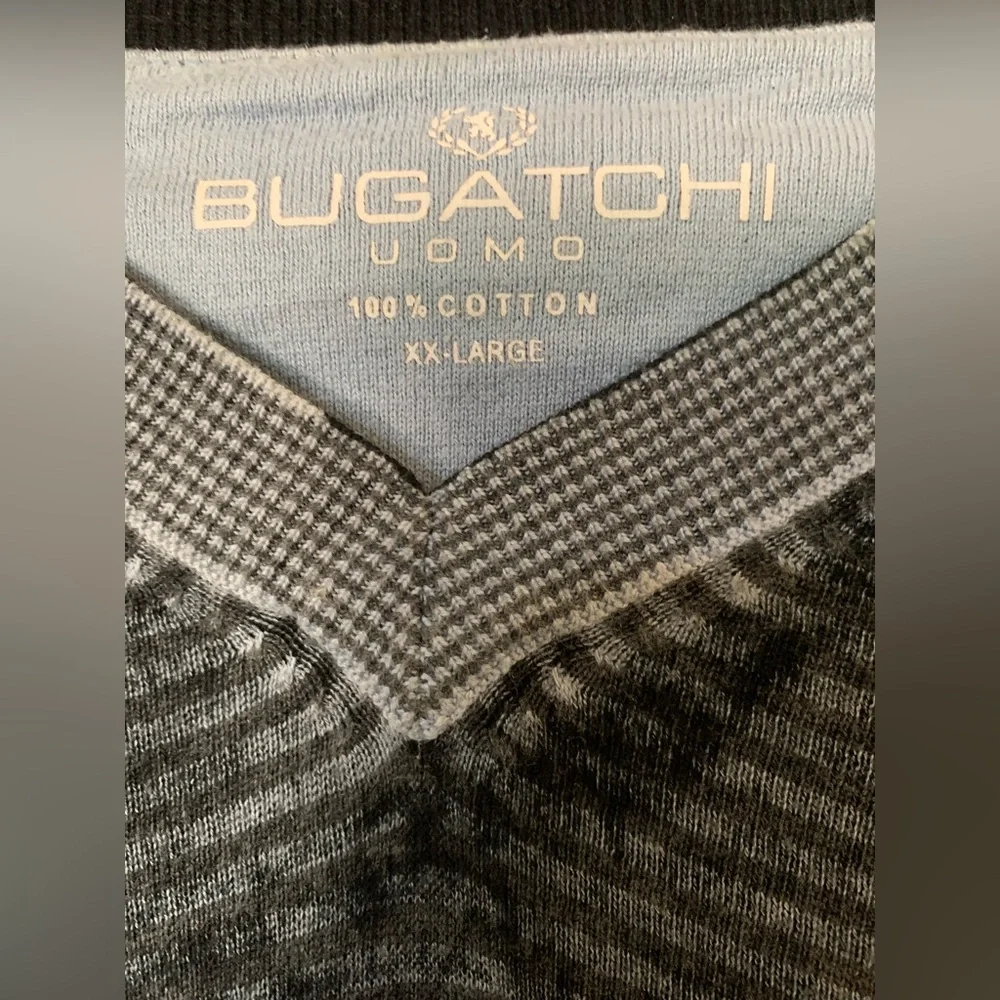 Bugatchi Men's Striped‎ Black and Gray V-Neck Long Sleeve Woven Knit Sweater XXL